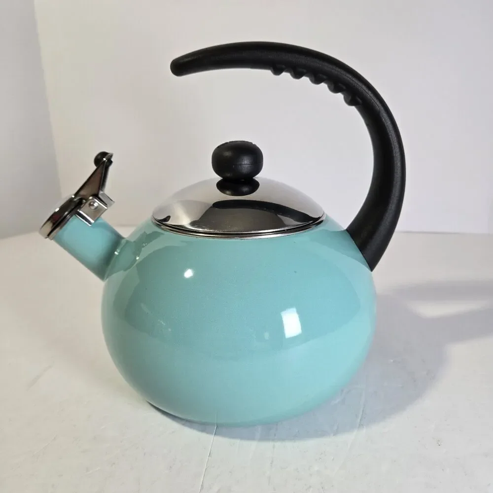 Farberware Luna 2.5 Qt Whistling Tea Kettle Aqua Turquoise Enamel Stovetop